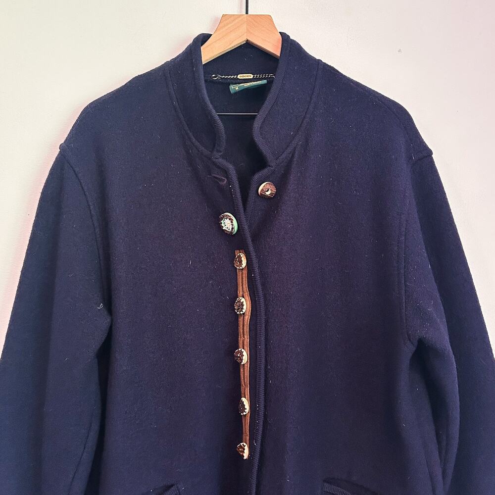 Geiger Wool Button Up Vintage Trench Coat Navy Blue Size 36/4 - Picture 2 of 7